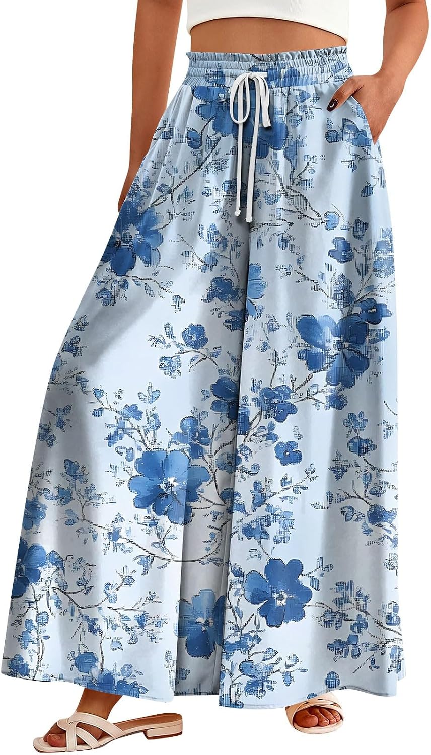 WANZZXCSL Women Casual High Waist Wide Leg Pants Summer Fashion Long Palazzo Pants Lounge Beach Trousers with Pocket
