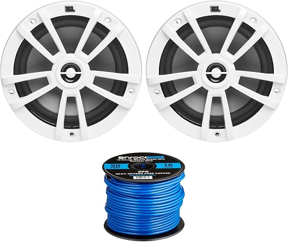 2X 6.5 180 Watts Peak Power 2-Way Multi-Element Marine White Speakers, 50 Feet 16 Gauge Speaker Wire