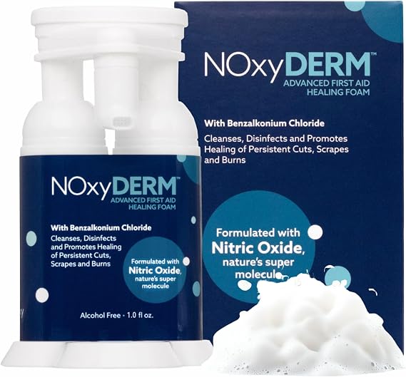 Premium First Aid Antiseptic Foam for Cuts, Scrapes, Burns and Wound Care. Benzalkonium Chloride Formula. Formulated with Nitric Oxide for Elevated Skin Support. 1oz. NOxyDERM