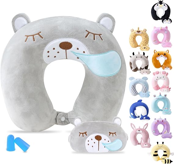 Cirorld Travel Pillow for Kids Adult Cute Neck Pillow for Traveling Memory Foam Airplane Pillow Sleep Mask Animal Flight Pillow Head Rest Neck Support for Cars Long Flights (Bear, 9-12 Y/O)