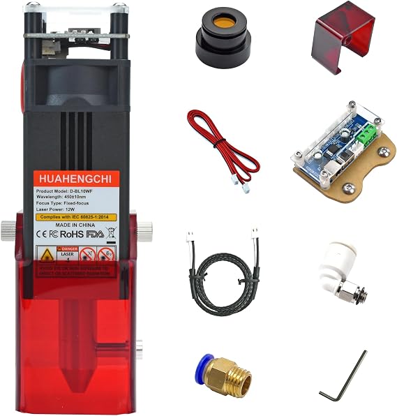 HUAHENGCHI Laser Engraver Module, 12000mW(12W) Optical Output Laser Cutter Module w/Air Assist Nozzle, Laser Module Head Compatible with CNC Laser Engraving Cutting Machines, Class 4, 12V