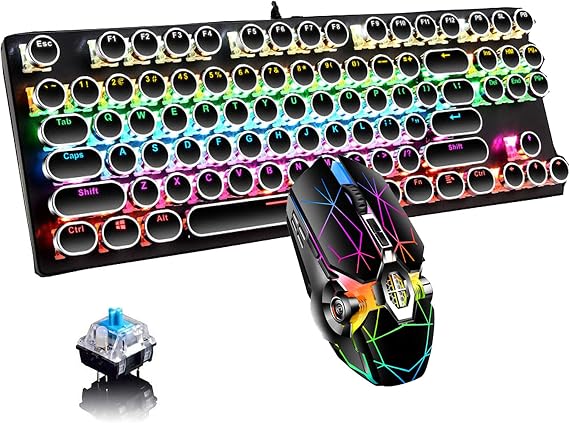 Retro Typewriter Keyboard and Mouse Combo Black Mechanical Keyboard Blue Switch with 9 True RGB Backlight Modes Cool Light Up Keyboard and Mouse for Gaming, Work, Mac, PC, Windows
