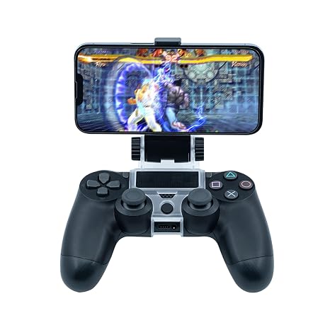 Mcbazel Phone Mount Clip for PS4 Controller, Smart Phone Holder Compatible with PS4 DualShock 4 Controller and iPhone, Android up to 6 Inch - Black | Click-lock installation All buttons & ports fully accessible Folds flat for travel PS4, Slim & Pro compatible