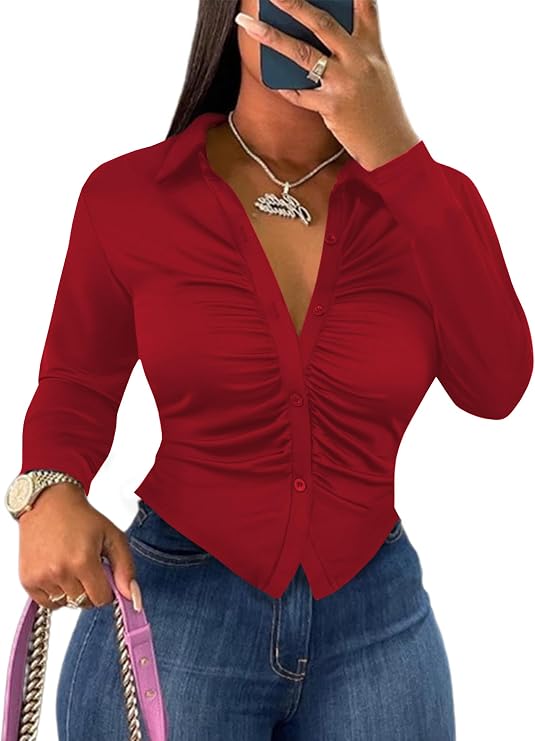 LovelyWholesale Women Sexy Button Down Shirts Long Sleeve Collared Tie Dye Tops