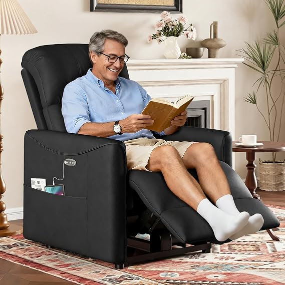 Welzona Power Recliner Chair, Reclining Chair, PU Leather Small Recliners for Small Spaces, Infinite Position Electric Recliner Chairs for Adults, Electric Recliners with USB Port & Side Pocket, Black