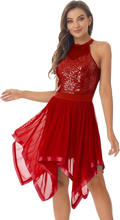Aislor Womens Asymmetrical Dance Dress Hem Mesh Lyrical Dance Costume Performance Dresses