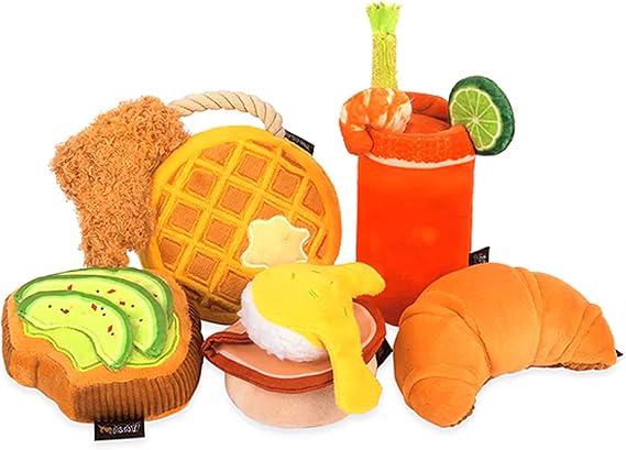 P.L.A.Y. Cute Plush Dog Toys - Barking Brunch Food Themed Durable Squeaker Rope Chew Toy, Great for Puppies & Small, Medium, Large Dogs - Machine Washable, Recycled Materials (5 Piece Set, X-Small)