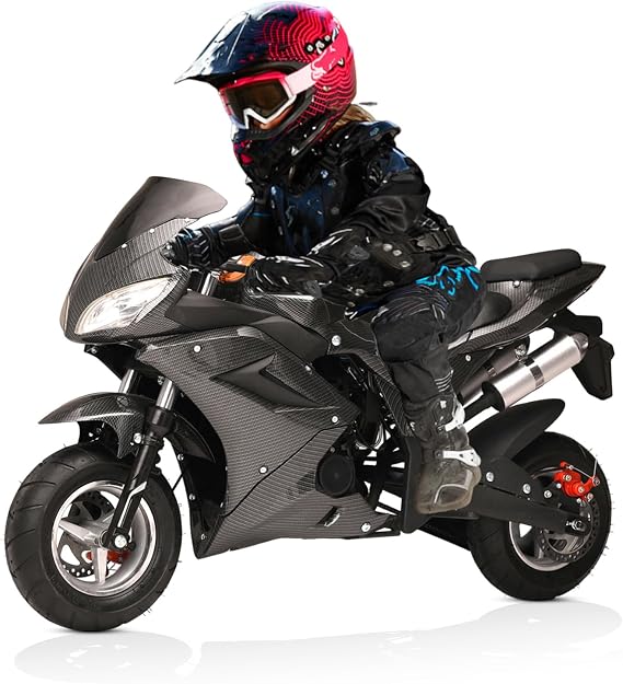 49CC Kids Motorcycle,4-Stroke Gas Dirt Bike,Pocket Rocket Motorbike with Front Rear Disc Brakes and Dual Headlights,Gas Powered Pocket Bike,Racing Max Speed 40KM/H Black
