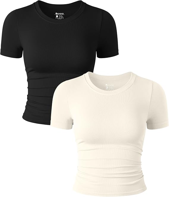 OQQ Womens 2 Piece Tops Short Sleeve Crew Neck Tee Shirts