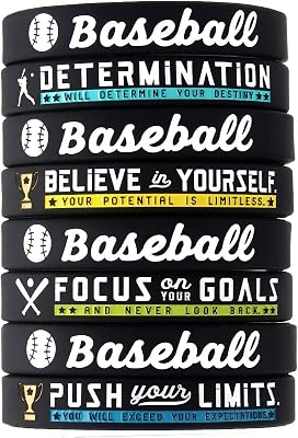 12-pack Baseball Bracelets with Motivational Sports Quotes - Wholesale Pack of 12 Silicone Rubber Wristbands for Bulk Baseball Team Gifts and Party Favors - Unisex for Boys Girls Men Women Motivational Bracelets for Kids