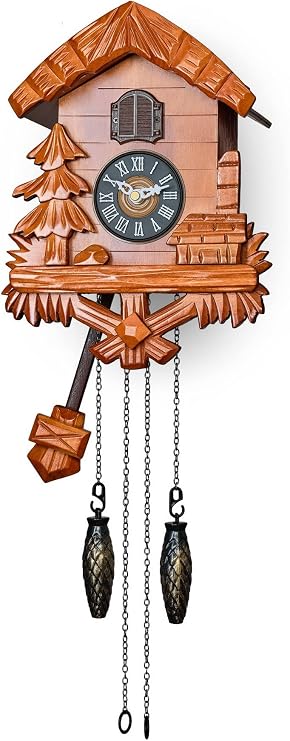 Wooden Cuckoo Clock with Night Mode, Swinging Pendulum and Quartz Movement (Cherry)