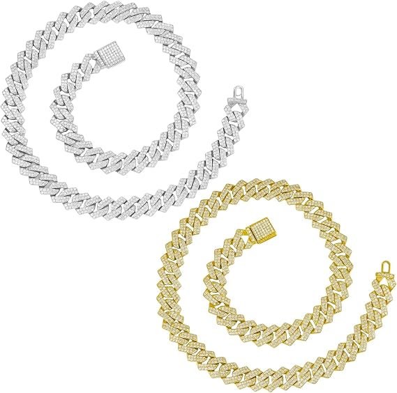 2pc Fake Diamond Chain for Men, Gold and Silver Necklace Set, 40 cm Length, Durable Metal Construction, Stylish and Elegant Accessory for Casual and Formal Occasions