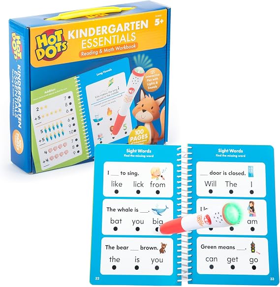 Educational Insights Hot Dots Kindergarten Essentials: Reading & Math Workbook - Kindergarten Workbooks with Interactive Pen, Homeschool Learning Books, Build Reading Fluency and Math Skills, Ages 5+
