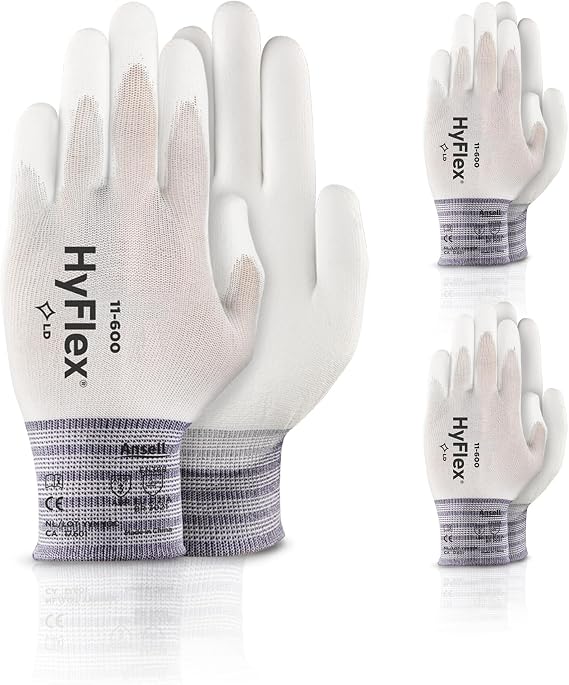 Ansell HYFLEX 11-600 Light Duty Nylon Industrial Gloves w/Palm Coating for Metal Fabrication, Automotive - XXS (5), White (3 Pairs)