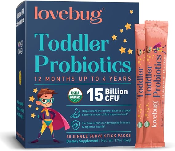 LOVEBUG Kids Probiotic Powder with Prebiotic Fiber - Toddler Immunity Support & Constipation Relief - USDA Organic Probiotics for Childrens Gut & Digestive Health (Ages 1-4) - 30 Pack (Unflavoured)