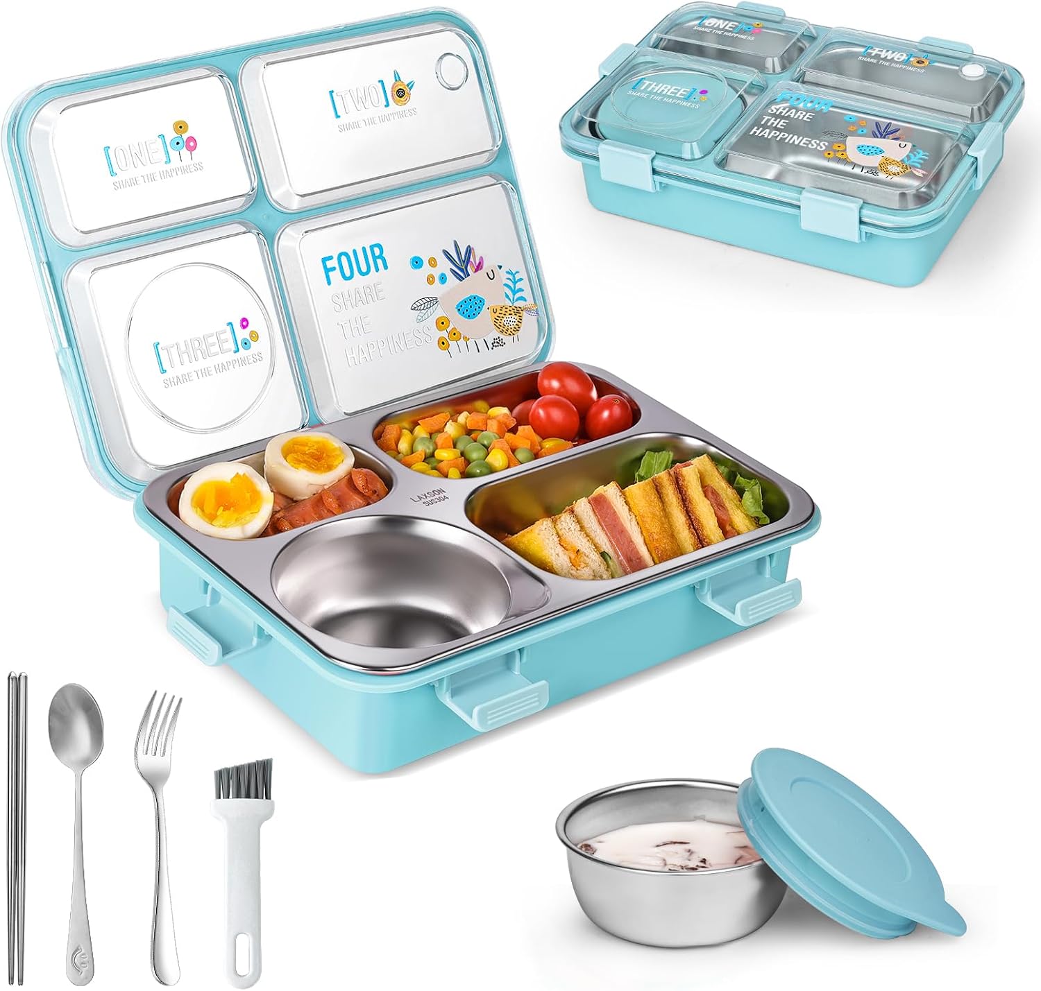 Stainless Steel Adult Lunch Box 31oz 4 Compartment Cute Bento Box Kids Snack Container with 5 Oz SoupCondiment Cups, Food Storage Container, Cookware and Small Cleaning Brush Set - Blue