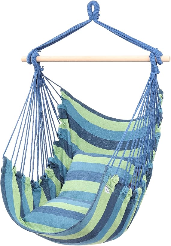 ONCLOUD Hanging Rope Hammock Chair Swing Seat for Yard, Bedroom, Patio, Porch, Indoor/Outdoor - 2 Seat Cushions Included (Blue)