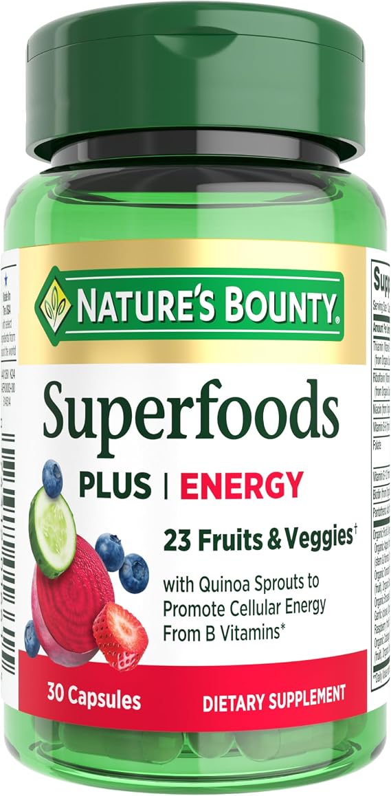 Natures Bounty Superfoods Plus Energy to Support Cellular Energy, 23 Fruits & Veggies Supplement, 30 Capsules