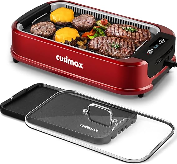 Indoor Grill, CUSIMAX Smokeless Grill Indoor, Electric Griddle, 1500W, Red