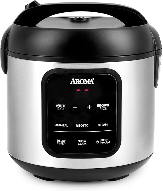 AROMA® Digital Rice Cooker, 4 Cups (Uncooked) / 8 Cups (Cooked), Steamer, Multicooker, Oatmeal Cooker, Automatically Keep Warm, 2 Quart, Stainless Steel Exterior