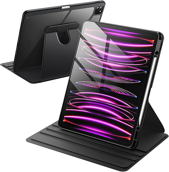 JETech 360 Rotating Case for iPad Pro 12.9" 6/5/4/3, Black | Cover for 2022/2021/2020/2018 Model, Multi-Angle Stand, Clear Back Design, Auto Wake/Sleep, Pencil Holder, Full Protection