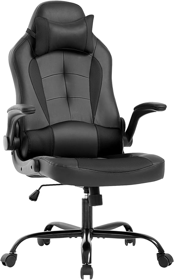 PayLessHere Gaming Chair Desk Chair Gamer Chair Ergonomic Office Chair With Lumbar Support Padded Up Arms Adjustable Headrest Pu Leather High Back Office Chair Gamer Chair For Adults Women Men (Black)