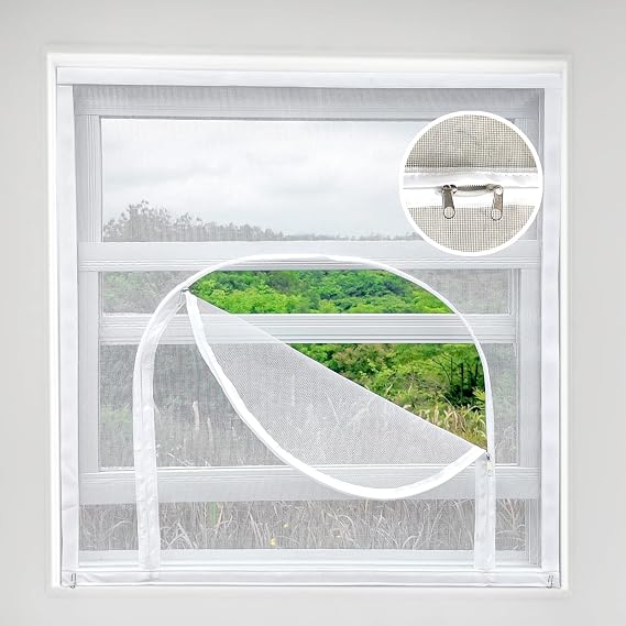 Adjustable Window Screen Replacement kit with Zipper Opening, Fiberglass White 79X79in (200X200cm) can be Cut fits Smaller,Keep Bug Mosquito Out