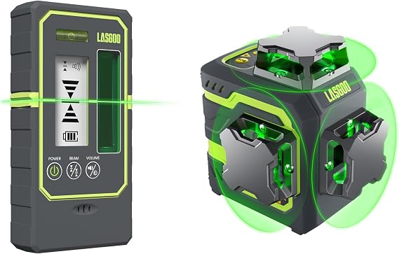 LasGoo LG-3D Laser Level Self Leveling 3x360, 3D Green Beam Cross Line Laser for Construction and Picture Hanging, LasGoo LG-REC03 Laser Detector for Laser Level