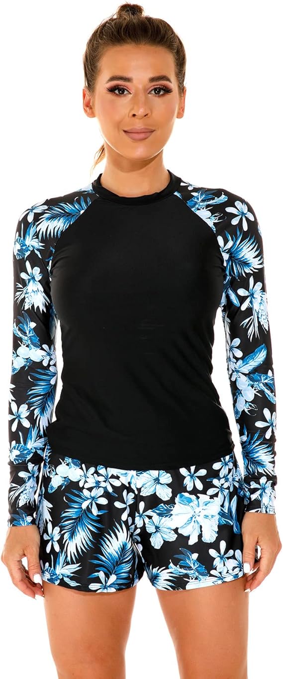 IDOPIP Rash Guard for Women Long Sleeve Floral Print Swim Shirts with Shorts Bottom UPF 50+ Two Piece Swimsuit Bathing Suit