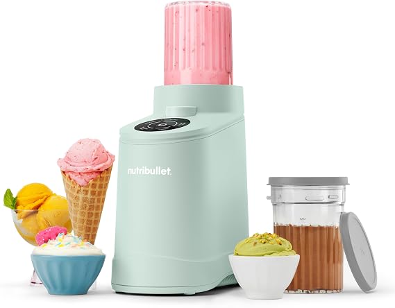 nutribullet Chill Ice Cream Maker, for Gelato, Sorbet, Frozen Yogurt, Smoothie Bowls, Compact Size, (2) Dishwasher Safe 16 oz. Pint Cups with Lids, Mint Chip Green, NBD50100MCG
