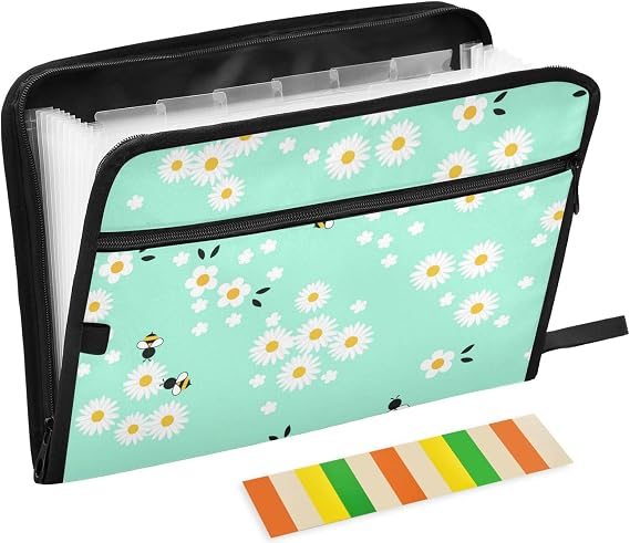 Cartoon Bees Daisy Flower 13 Pockets Expanding File Folder with Sticky Labels Accordion File Folder Document Organizer Letter Size A4 Papers Expandable File Keeper