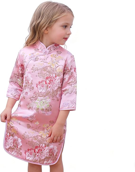 Chinese Girls Dress Peony Rose Qipao Half Sleeve Cheongsam Wedding Dresses Princess Birthday Party Costume