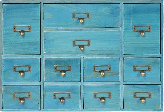 Apothecary Cabinet with 12 Drawers, Library Card Catalog Cabinet with Metal Handles, Home Office Wooden Storage Box Curio Cabinet Tea Organizer for Desktop Organizer, Blue