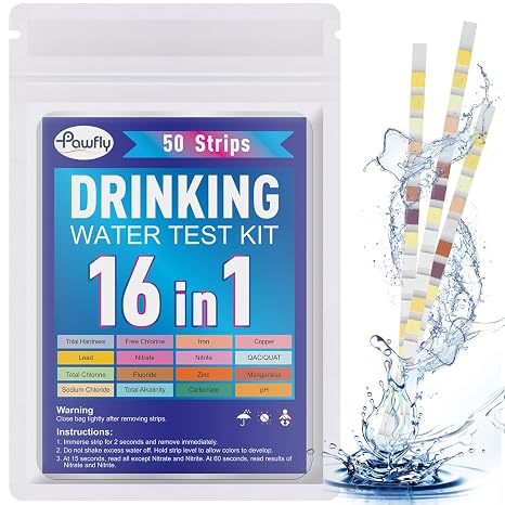 Pawfly 16 in 1 Drinking Water Test Kit, 50 Strips for Tap Water Well Swimming Pool Aquarium Spa, Home Water Quality Test Strips for pH Hardness Chlorine Lead Iron Copper Nitrate Fluoride & More