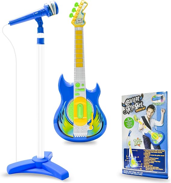 Contixo TG4 Musical Guitar and Microphone Set for Kids, Blue Electric Guitar Toys Starter Kit with Adjustable Height Microphone Stand, Karaoke Toy for Boys, Girls, Toddlers Christmas Birthday Gift