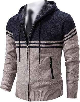Mens Winter Sweater Thick Fleece Warm Sweaters Casual Stand Collar Zipper Cardigan Fashion Striped Coat