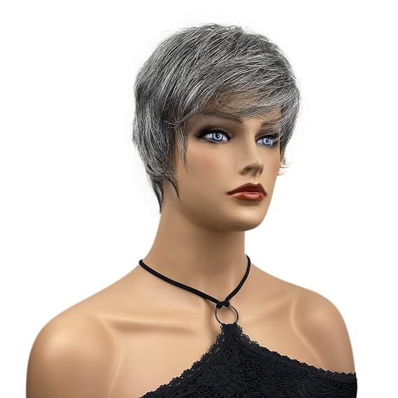 Wiginway Short Straight Layered Wigs Soft Fiber Hair Air Bangs Full Synthetic Wigs (#51 Off Black Mixed Gray)