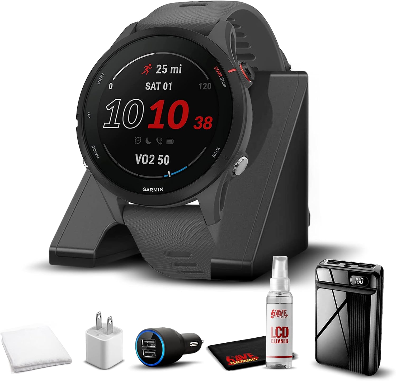 Garmin Forerunner 255, GPS Running Smartwatch, Advanced Insights, Long-Lasting Battery, Slate Gray with Charging Base, Workout Towel, 6Ave Travel &amp;amp;amp; Cleaning Kit