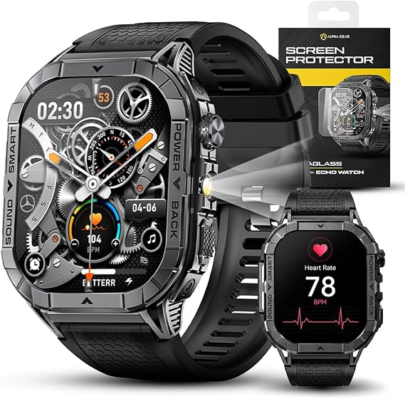 ALPHAGEAR Echo Smartwatch for Men, Tactical Square Smart Watch, 2.13 Inch AMOLED Big Face Display, 480mAh, Built-in Flashlight, Compass, Bluetooth Calling, IP68 Water Resistant