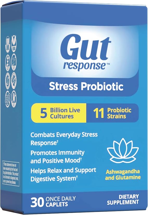 Stress Probiotic for Men & Women, Slows Down Digestive Aging, Boosts Immune System, Promotes Calmness, Ashwagandha, L-Glutamine, Non-GMO, Gluten Free & Vegan, 5 Billion CFU, 30 Caplets