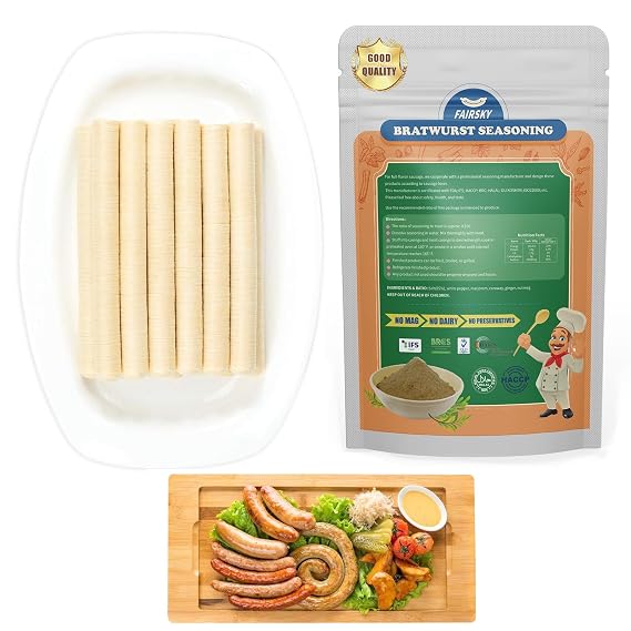 FAIRSKY Edible Drying Collagen Sausage Casings and Bratwurst Sausage Seasoning Pre-Mix Blend for Home Sausage Making