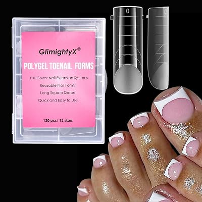 Polygel Dual Nail Forms for Toes, GlimightyX Polygel Toenail Molds Square Shape For Nail Extension Reusable, Pre-designed French Line Salon Home DIY Nail Art Supplies,120Pcs 12 Sizes