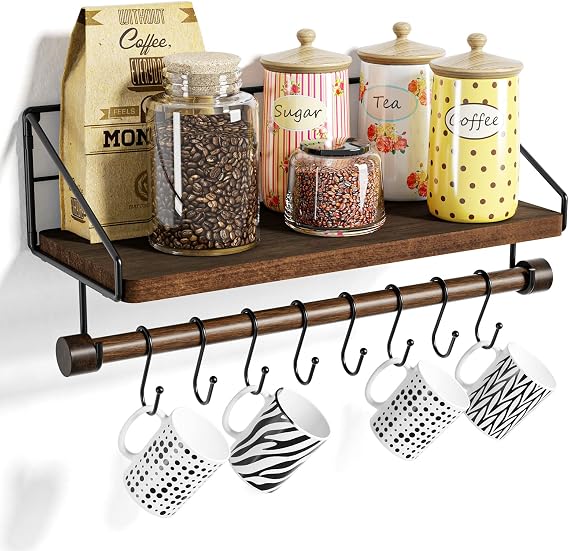 Alsonerbay Floating Shelf Coffee Bar Shelf with Towel Bar, Dark Brown