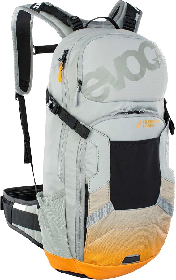 EVOC FR ENDURO E-Ride 16 E-Bike Backpack, Bike Rucksack (Padded Compartment for Spare Battery, Belt Fixing System, Control Display Pocket, Liteshield Back Protector), Stone Grey/Light Orange | hiking-daypacks