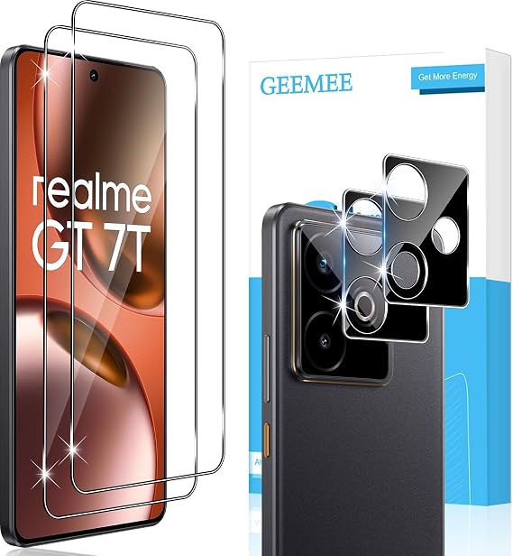 Tempered Glass Screen Protector for Realme GT 7T/GT7 Pack of 2 Screen Protectors + 2 Camera Protection (Black) 9H Hardness Anti-Scratch Clear HD Protective Glass Bubble-Free Screen Protector