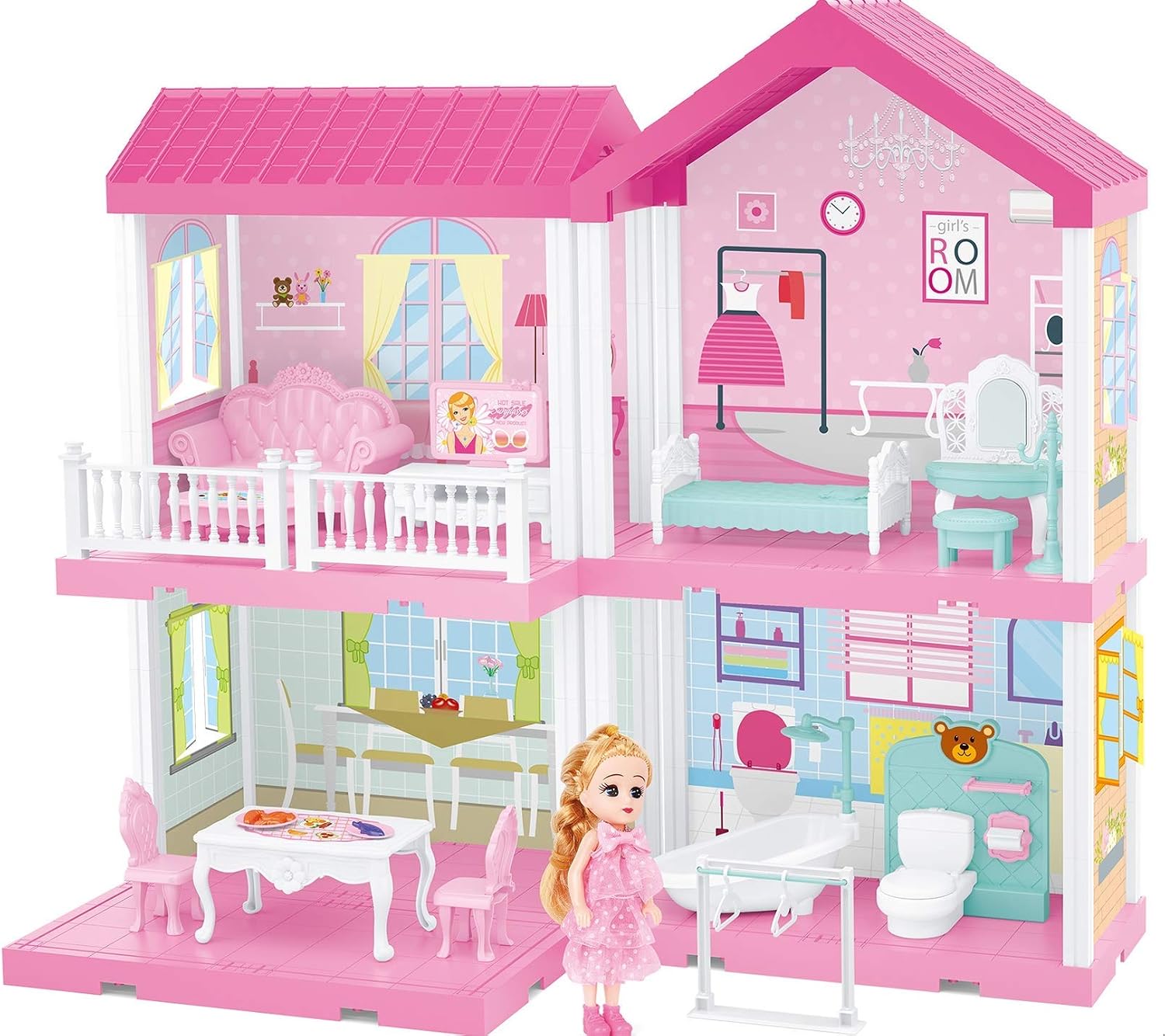 FIXSON Dollhouse Dream House with Furniture Accessories DIY Pretend Play Doll House for Girls 3,4,5,6,7 Year Old