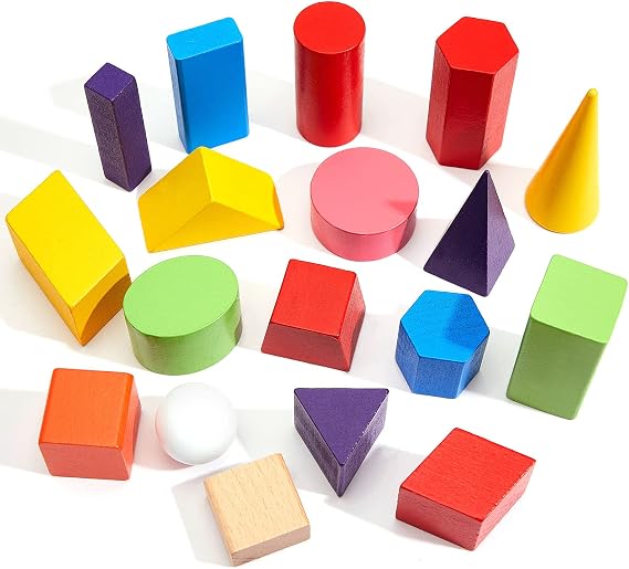 Deekin 18 Pcs Large 3D Shapes Geometric Solids Wooden Blocks, 3D Shape