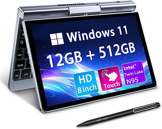 Mini Laptop 8" 2-in-1, Laptop Computer Win 11, Intel N95(up to 3.4GHz), 12GB RAM 512GB SSD, Touchscreen HD, Backlit Keyboard, Wi-Fi 6, USB-C, Lightweight Portable PC for Work/Kids/School