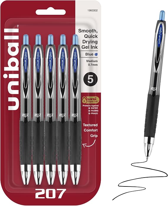 uniballTM 207 Gel Pens, Blue Ink, 0.7mm Medium Point, Retractable, 5 Count