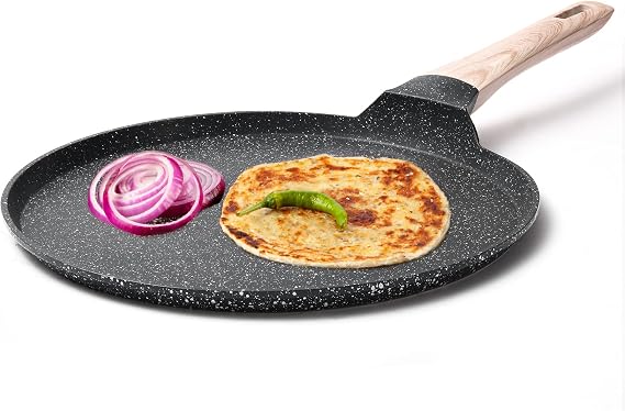 CAROTE Granite Non Stick Flat Roti Tava, Induction Base Swiss Coated Dosa Pan, Tawa (Black, PFOA Free, 28cm, 5-ply, 4mm Coating)